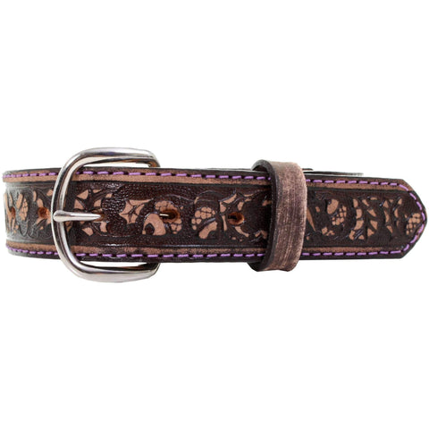 KB22/PURPLE - Brown Vintage Tooled Kids Belt - Double J Saddlery