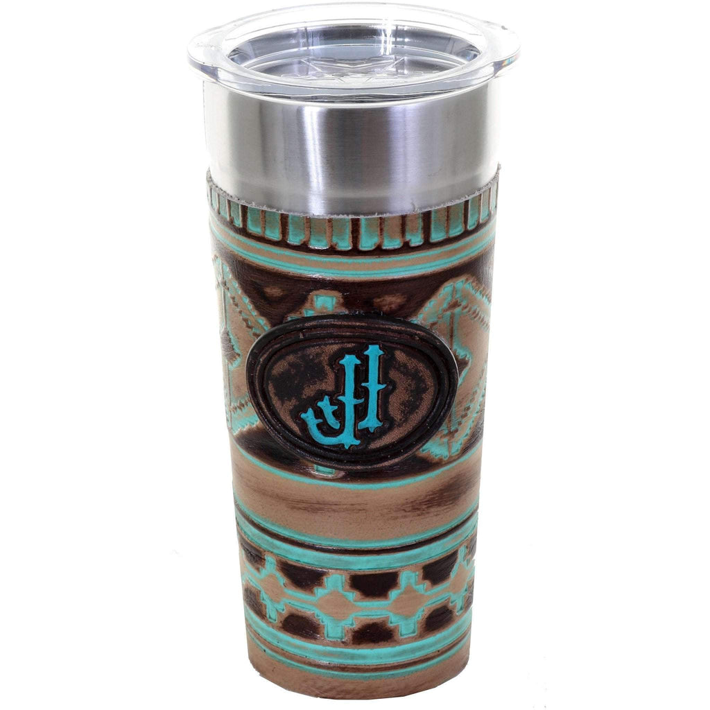LEATHERWRAP35A - Navajo Turquoise and Brown Leather Wrap and JJ Plaque - Double J Saddlery