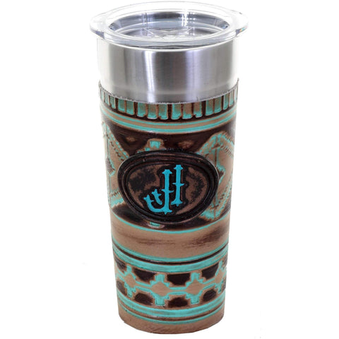 LEATHERWRAP35A - Navajo Turquoise and Brown Leather Wrap and JJ Plaque - Double J Saddlery