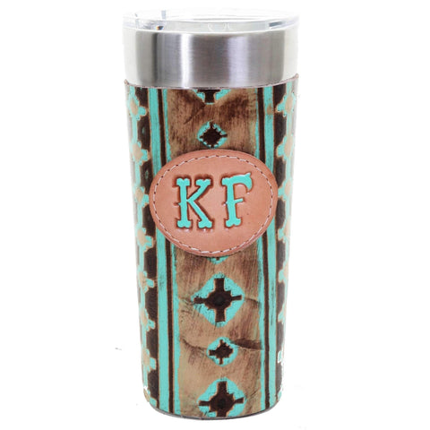 LEATHERWRAP35C - Navajo Turquoise and Brown Leather Wrap and Initial Plaque - Double J Saddlery