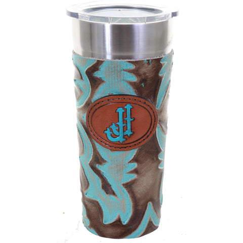 LEATHERWRAP36A - Turquoise/Brown Laredo Leather Wrap and JJ Plaque - Double J Saddlery