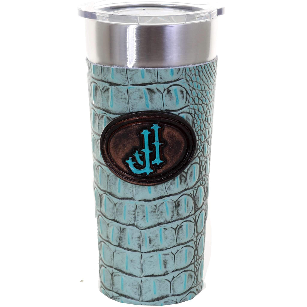 LEATHERWRAP37A - Turquoise Gator Print Leather Wrap and JJ Plaque - Double J Saddlery