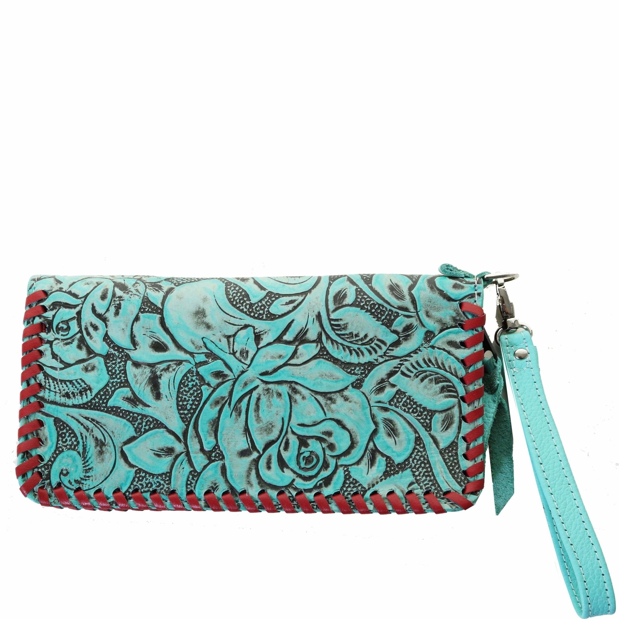 LZW14 - Turquoise Antique Floral Ladies Zipper Wallet - Double J Saddlery