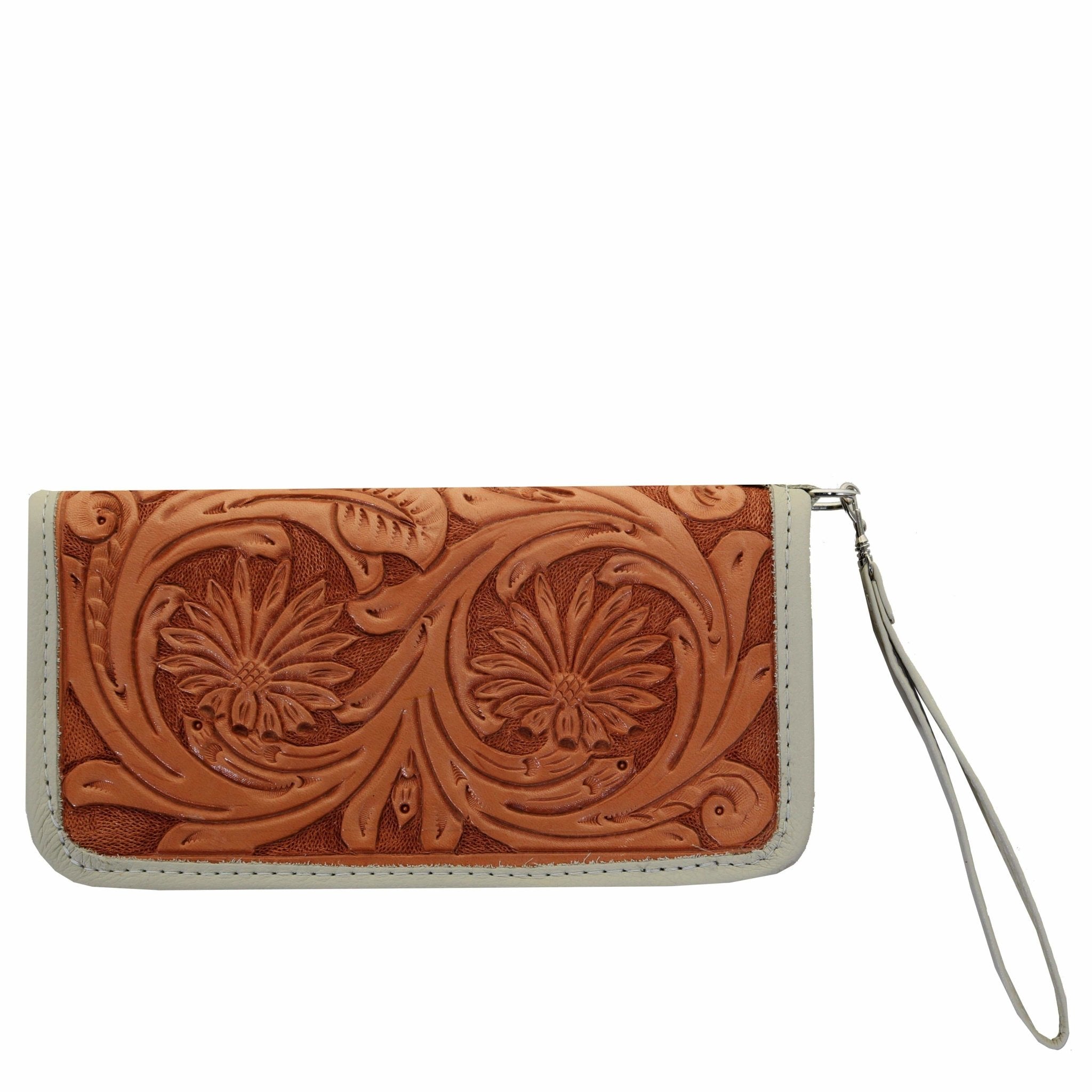 LZW18 - Natural Leather Daisy Tooled Ladies Zipper Wallet - Double J Saddlery