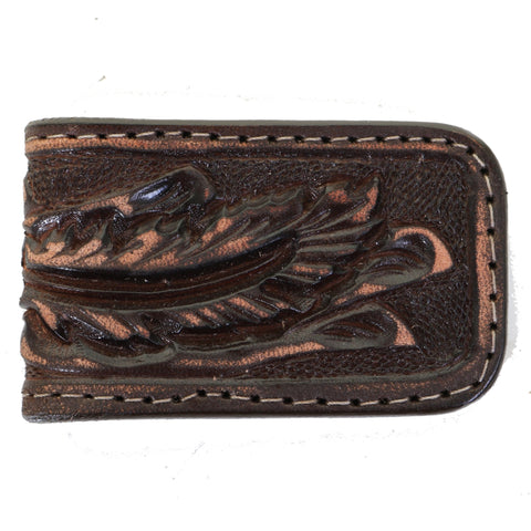 MCM14 - Brown Vintage Feather Tooled Magnetic Money Clip - Double J Saddlery