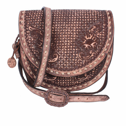 SB07 - Brown Vintage Leather Tooled Saddle Bag - Double J Saddlery