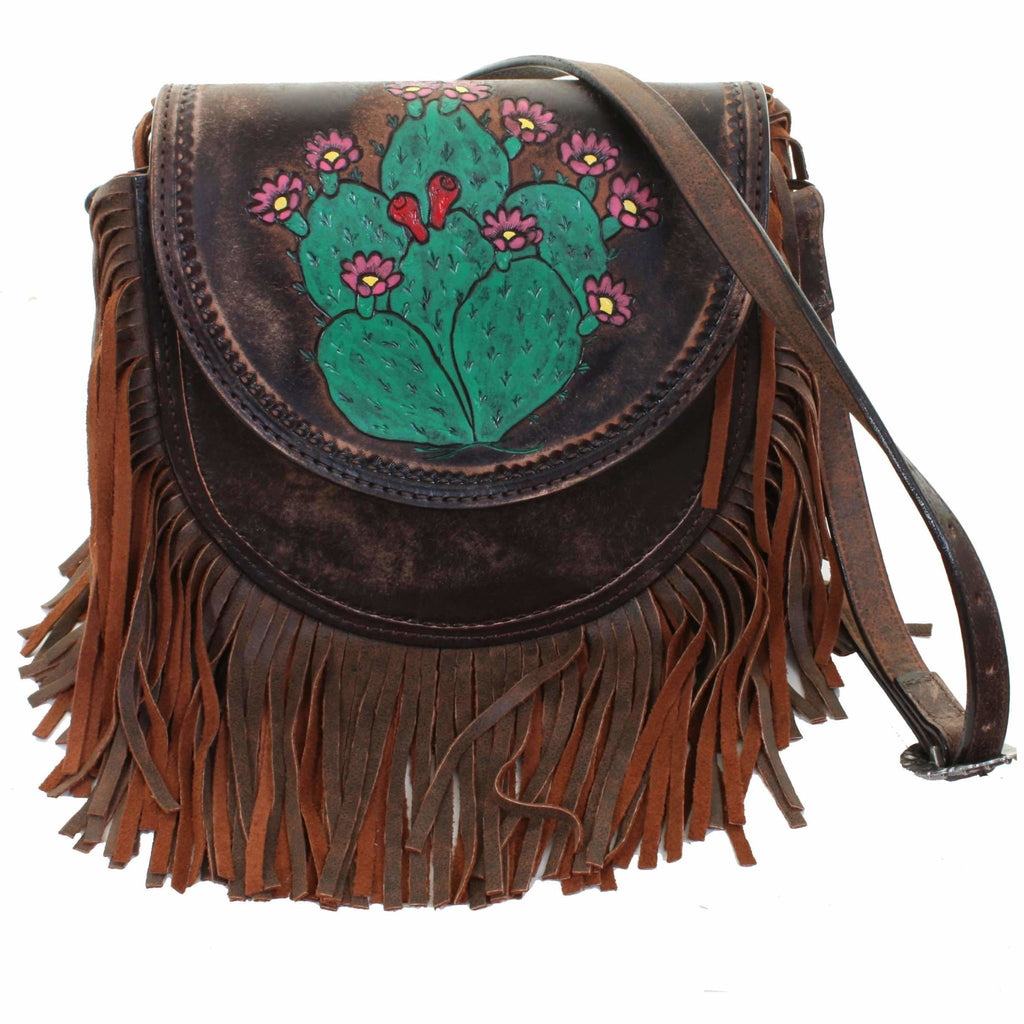 SB25 - Prickly Pear Cactus Tooled and Painted Saddle Bag - Double J Saddlery