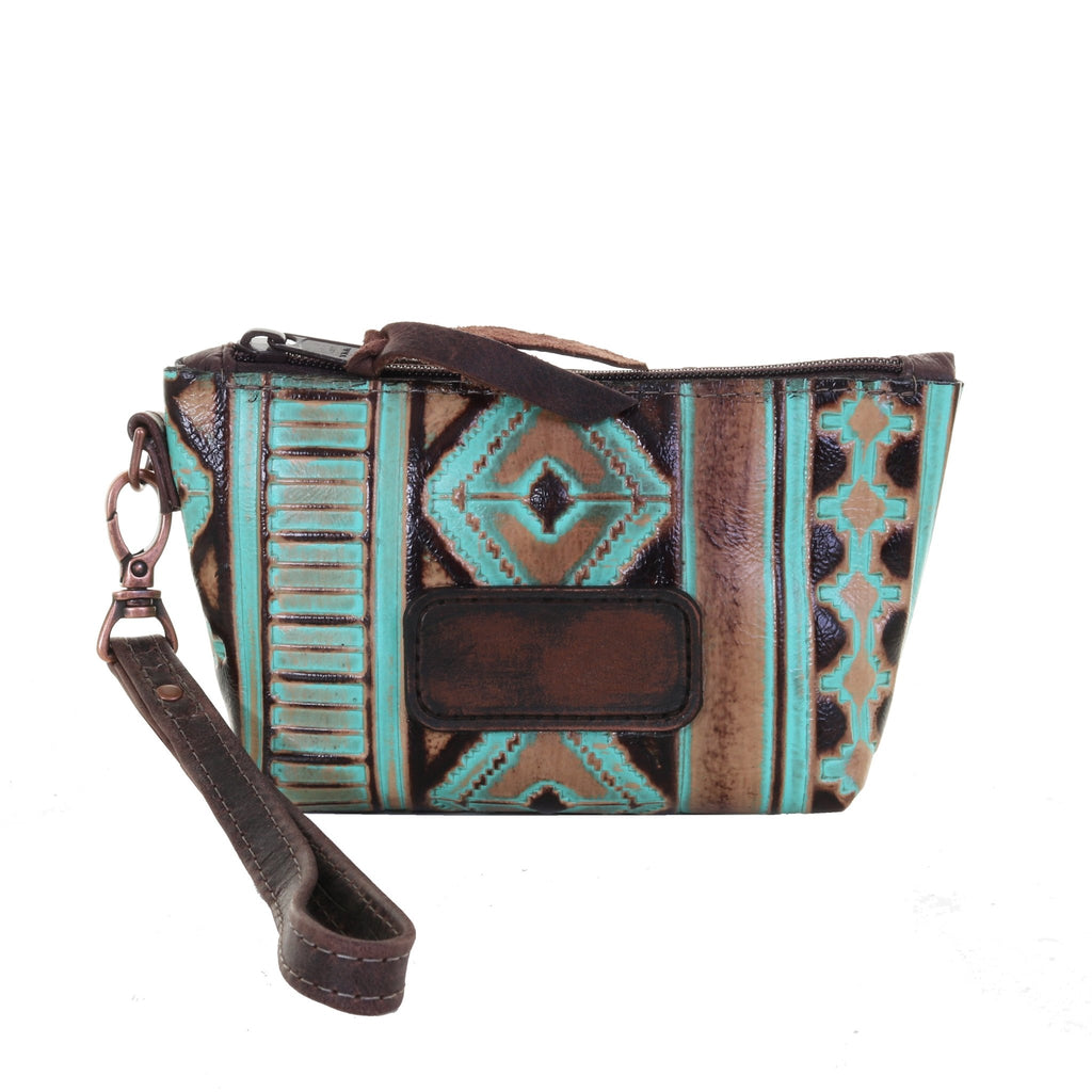 SMP03P - Navajo Turquoise and Brown Small Makeup Pouch w/Plaque - Double J Saddlery