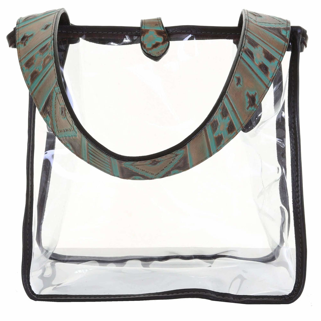 SQT09 - Clear Square Tote With Navajo Turquoise and Brown Strap - Double J Saddlery