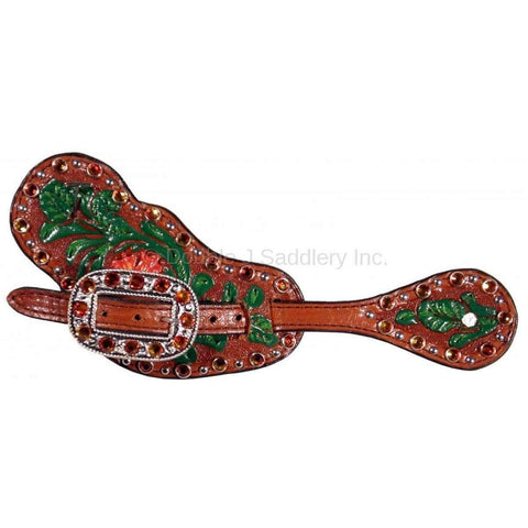 SS72 - Hand-Tooled and Painted Chestnut Spur Straps - Double J Saddlery