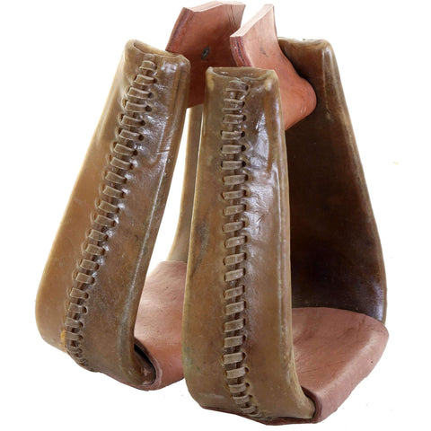 STU03 - Rawhide Covered Deep Roper Natural Wooden Stirrups - Double J Saddlery