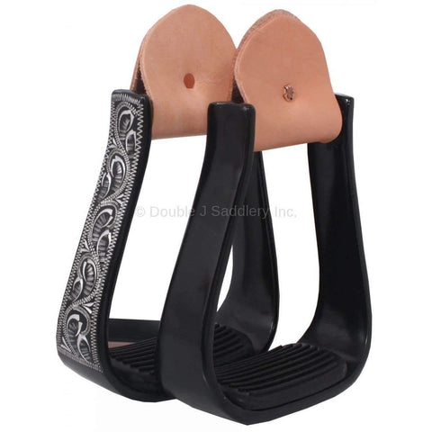 STU22 - Black Engraved Aluminum Barrel Stirrups - Double J Saddlery