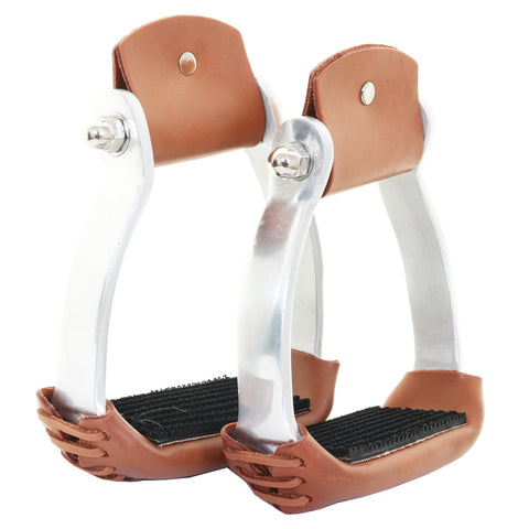 STU56S - Aluminum Leather Covered Sloped Stirrups - Double J Saddlery