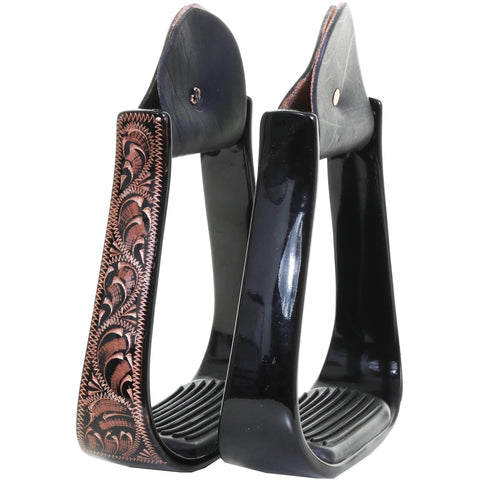 STU61 -Black Aluminum Copper Engraved Stirrups - Double J Saddlery