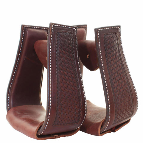 STU68 - Brown Basket Weave Tooled Deep Roper Stirrups - Double J Saddlery