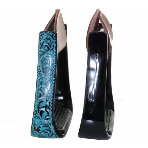 STU72 - Black Aluminum Turquoise Engraved Stirrups - Double J Saddlery