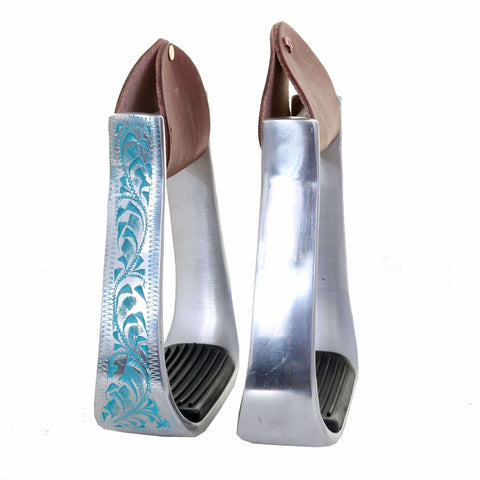 STU74 - Silver Aluminum Turquoise Engraved Stirrups - Double J Saddlery