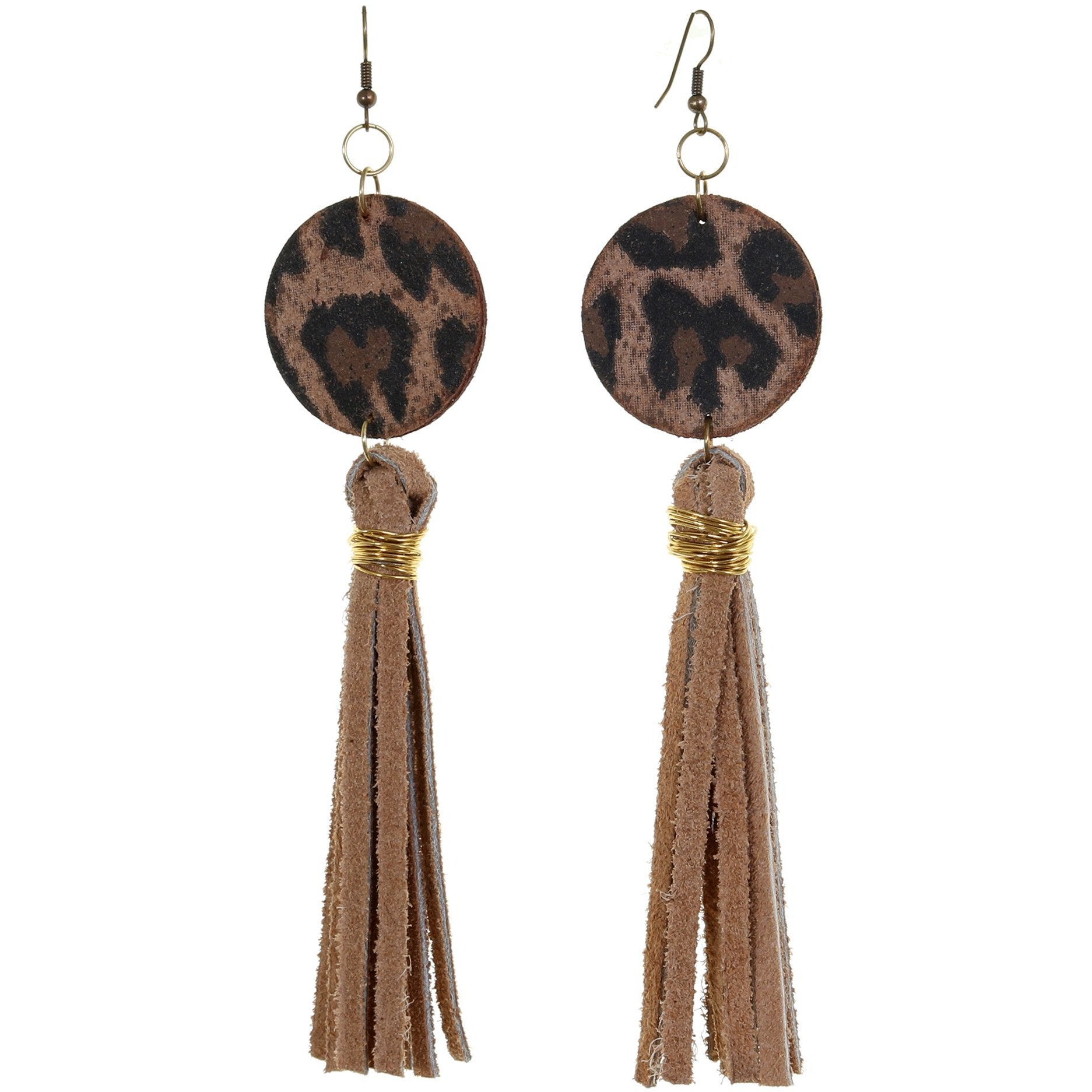 VE38 - Leopard Suede & Toast Suede Tassel Earrings - Double J Saddlery